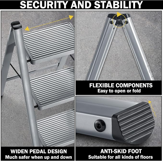 4 Step Ladder, Steel Folding Step Stool with 330lbs Heavy Duty | Anti-Slip Wide Pedals | 1.9" Slim Fold | Ideal for High Ceiling, Garage Storage, Window Cleaning & Hanging Curtains - Image 6