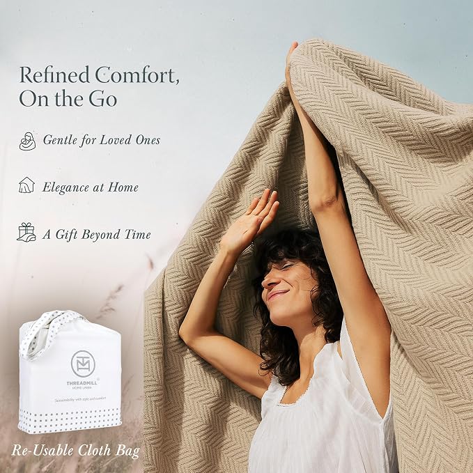 Threadmill Luxury Cotton Blankets for Twin Size Bed | All-Season 100% Cotton Twin Blanket for Bed | Herringbone, Soft & Cozy Fall Thermal Blanket, 350GSM, 68x92 inches | Beige | 100% Cotton, Herringbone Pattern, 350 GSM, 68x92 in, Breathable, Moisture-... - Image 7
