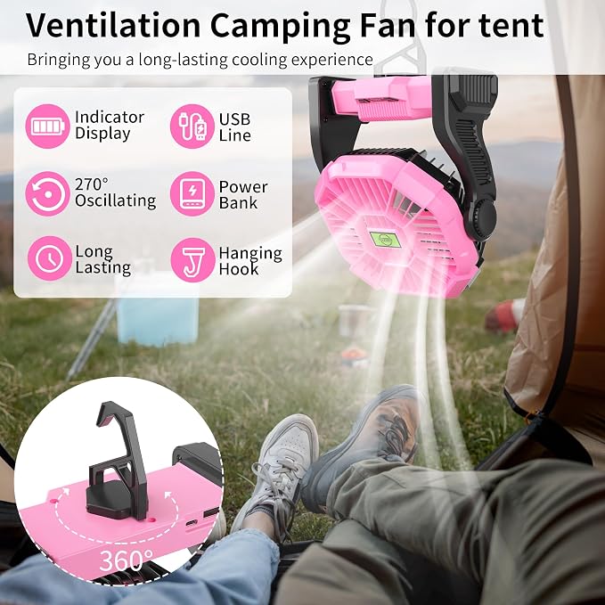 Portable Fan Rechargeable Camping Tent Fan Rechargeable Essentials | 20000mAh Cordless Battery Powered Operated Fan Camping Fan with Light, USB Rechargeable Desk Fan Portable for Travel X23 Pink - Image 6