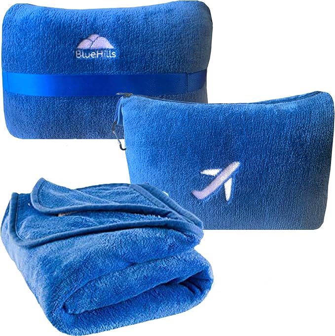 BlueHills Soft Plush Mini Travel Blanket Pillow Plane Essentials Royal Blue | Premium Soft Case, Luggage Belt & Backpack Clip, Compact Pack Airplane & Car Portable, Cruise Travel Size Accessories Comfort by BlueHills