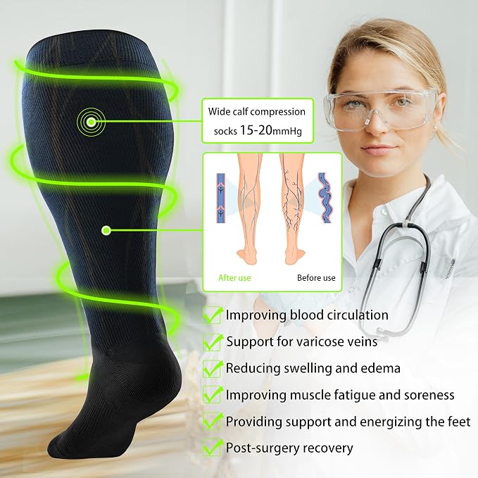 LEVSOX Wide Calf Compression Socks for Women&Men Plus Size 15-20mmHg Knee High Large Support Stockings for Circulation - Image 6