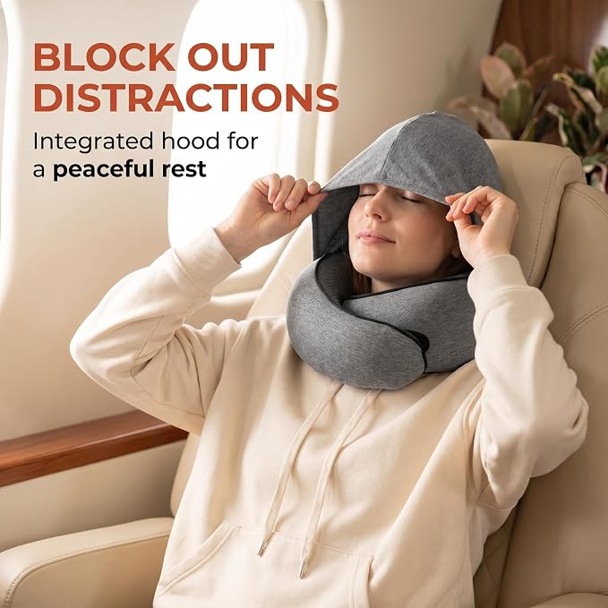 Travel Neck Pillow with Hood, Memory Foam, 360° Ergonomic Support, Cooling Ice Silk, Hooded Design, with Eye Mask, Earplugs, and Storage Pouch Airplane Travel Essentials, Dark Gray - Image 4