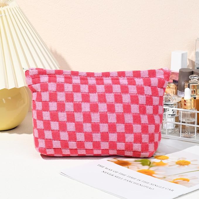 SOIDRAM 2 Pieces Makeup Bag Large Checkered Cosmetic Bag Capacity Canvas Travel Toiletry Bag Organizer Cute Makeup Brushes Aesthetic Accessories Storage Bag for Women, Rose Red checkered - Image 4