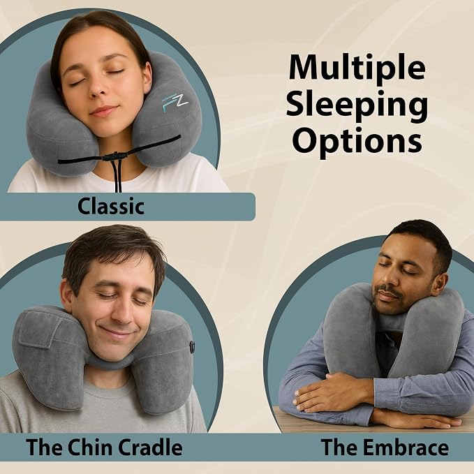 FLOWZOOM Air Inflatable Neck Pillow for Traveling on Plane - H-Shape Hooded Travel Pillow with 5 Snooze Modes, Fast Inflation, Pressure Control, Cozy Clip-On Hood & Plushy Cover - Size L, Silver Gray - Image 6