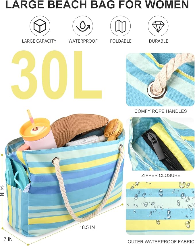 Genteen Beach Bag for Women, Large Waterproof Sandproof Beach Tote with Zipper Pocket, Solid for Travel Pool - Image 3