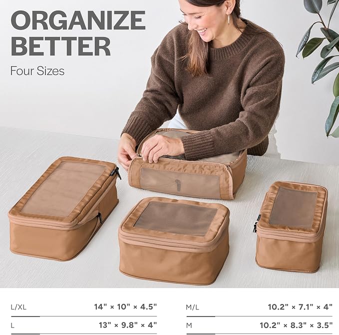 Compression Packing Cubes for Travel, 4-Pack, Mocha | Solves overpacking, 4-Piece set fits most carry-ons, 50% Space savings, Compression luggage organizer bags - Image 3