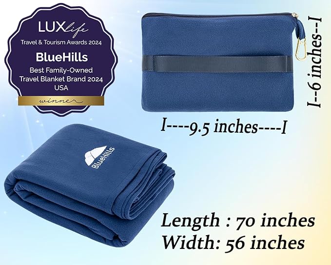 BlueHills Premium Soft Lightweight Travel Blanket Airplane Warm - Navy Blue | Portable & Packable, Soft Zipper Case, Luggage Belt & Backpack Clip Included, Easily Foldable, Large Compact 70 X 56 Inches - Image 5