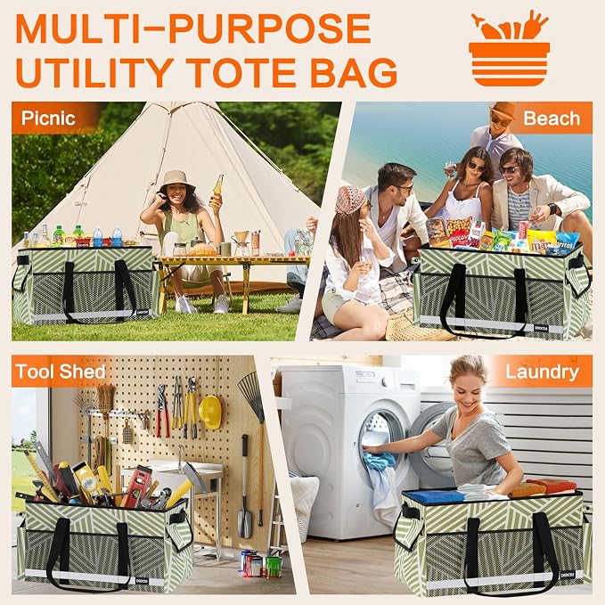 Upgrade Extra Large Utility Tote Bag with Reflective Strip, Standing Reusable Grocery Bags with Hard Bottom, Collapsible Utility Tote with Handles for Shopping, Beach, Picnics, Car, Twill Green - Image 9