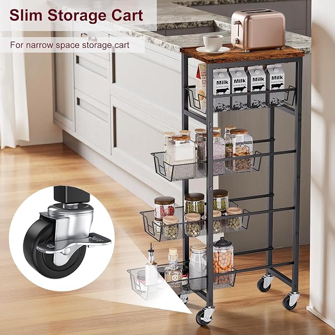 Slim Rolling Cart, 5-Tier Storage Cart, 9.1inch Narrow Kitchen Rolling Cart on Wheels for Small Space, Utility Cart Shelving Unit with Wooden Top and Metal Handle for Kitchen, Bathroom, Laundry Room - Image 2