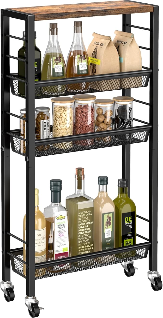 Slim Rolling Cart, 4-Tier Narrow Kitchen Storage Cart, Slim Utility Cart on Wheel, Skinny Bathroom storage cart with Wood Tabletop, 6.0" Deep, For Kitchen, Dining Room, Living Room, Laundry Room by VANTIMO