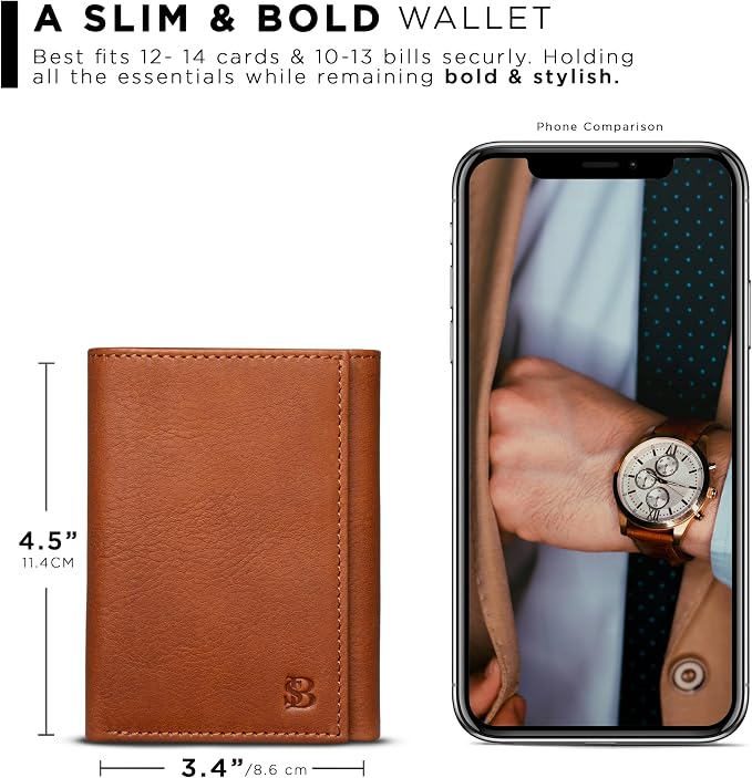 SERMAN BRANDS Trifold Wallet for Men - RFID Blocking Full Grain Leather, 11 Card Slots & ID Window, Slim Everyday Carry, Durable Stitching, Gift for Him - Image 3