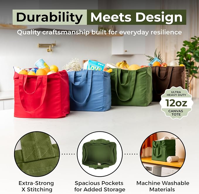 VeraMia Canvas Grocery Bag 3pc XL Set with Real Pockets, Long Shoulder Strap and Short Handle. Heavy Duty, Foldable, Washable - Image 4
