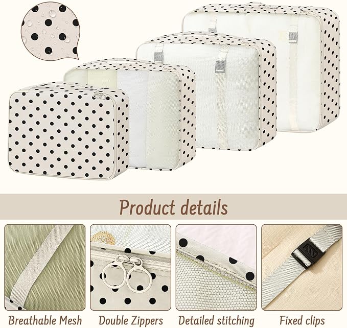 9 Set Packing Cubes for Travel Essentials - Lightweight Carry-On Luggage Organizer Bags with Shoe, Clothes & Laundry Bags for Airplane, Family & Business Travel, Polka dots - Image 6