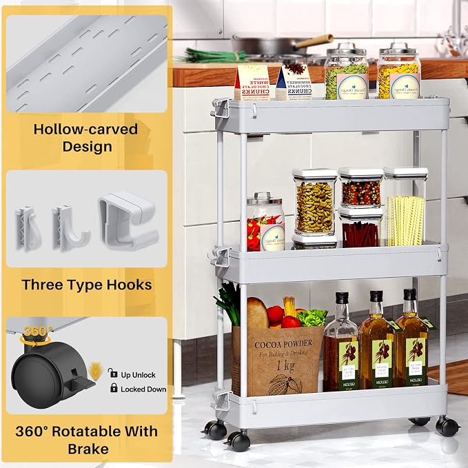 SPACEKEEPER Slim Rolling Storage Cart, 3 Tier Bathroom Cart Organizer, Gray | Narrow Rolling Cart with Wheels for Kitchen Office Bathroom Laundry Room,Mobile Utility Cart for Craft Art Makeup Nail Polish - Image 7