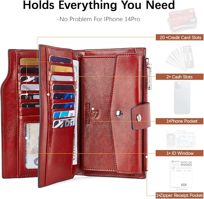 BOSTANTEN Womens Leather Wallet RFID Large Capacity Credit Card Holder | 20 Card Slots, Phone Holder, Zipper Coin Pocket, Clutch Wallet, Long Bifold, Ladies Gifts, Rose Red - Image 2