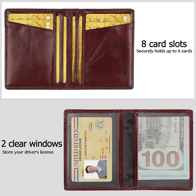 Unaone Slim Minimalist Wallet - Premium Leather RFID Blocking Front Pocket Wallets with 8 Card Slots and 2 ID Window, Wine Red - Image 2