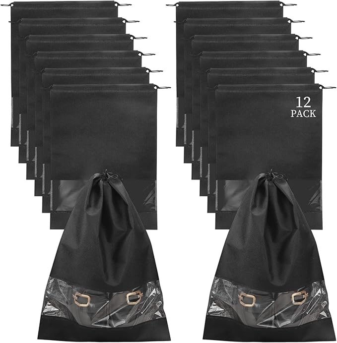 12 Pcs Portable Travel Shoe Bags, 17.3 x 12.6 Inches Waterproof Non-Woven Shoe Organizers Storage Bags, Large Drawstring Shoes Pouch Packing Organizers with Rope for Men, Women, Children (Black) by KINYFY
