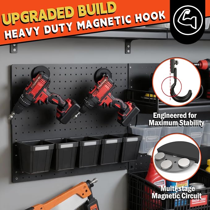 ULIBERMAGNET New Upgraded Garage Magnetic Hooks, 2 Pack Black Heavy Duty Large J Hooks with Magnet, Black Strong Anti-Slip Coating Magnet Hooks for Garden Tools, Ropes,Drill,Metal Cabinet,Pegboard - Image 3