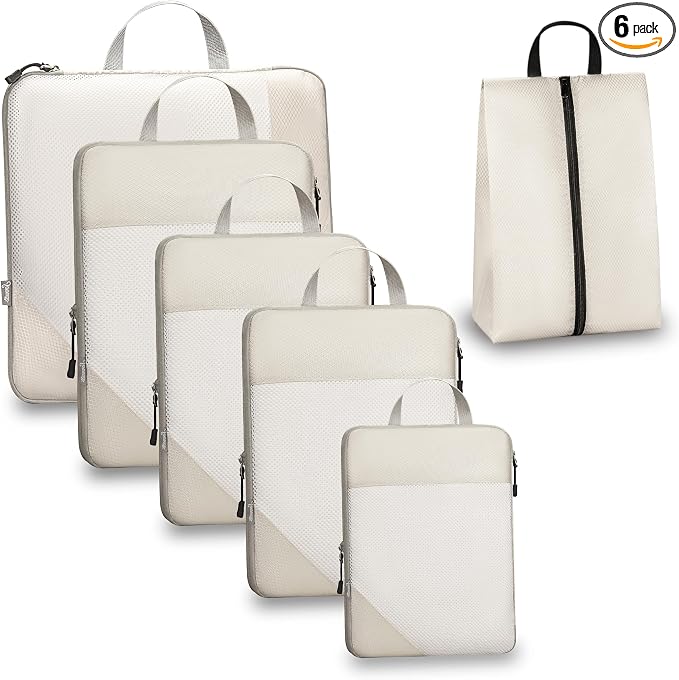 Compression Travel Packing Cubes with White Mesh, Apricot, 6Pcs | Waterproof fabric and See-Through Mesh, Space-Saving Compression Organizer for Travel and Daily Clothes Storage by Unknown