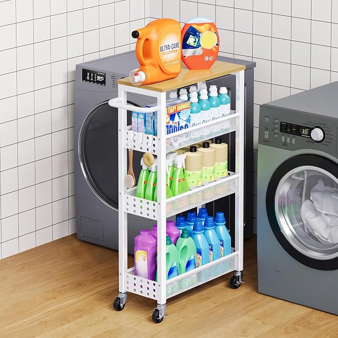 4 Tier Slim Rolling Cart with Wheels for Between Washer and Dryer Storage | White Metal Rolling Spice Rack Next to Fridge, Narrow Kitchen Cabinet for Small Spaces, Laundry Room Organizer Carts by Aofure