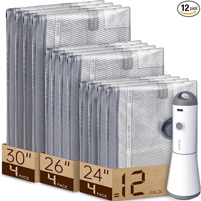 Vacbird 12 Pack Vacuum Bags for Travel with Rechargeable air Pump, Carry-on Size Vacuum Seal Bags for Luggage and Suitcase Compression, Space Saver for Clothes and Clothing Travel | See Contents Easily with Transparent Bags, 1500mAh Pump Compresses 90+... by Vacbird