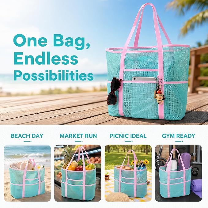 Mesh Beach Bag tote for women men cruise travel essentials swim pool towel bag for family vacation foldable must haves | foldable - Image 8