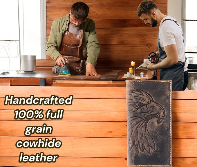 F&L CLASSIC Men's RFID Vintage Look Genuine Leather Long Bifold Wallet Checkbook Wallets,brown eagle head,240-102 - Image 5
