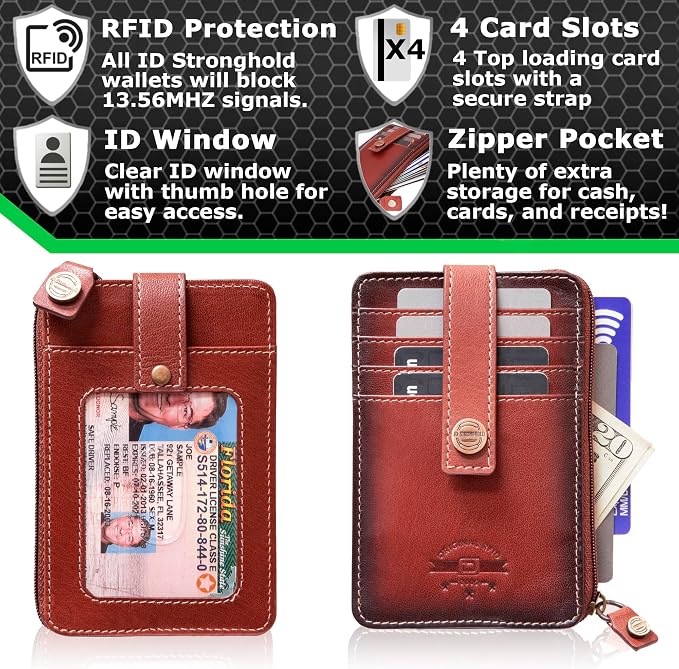 ID Stronghold RFID Blocking Front Pocket Wallet – Slim Minimalist Genuine Leather Wallet with Zipper Coin Pocket (Mega Red) - Image 4