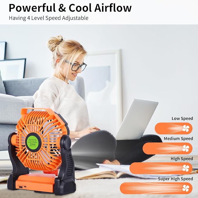 20000mAh Portable Fan Rechargeable Battery Powered Fan Camping Essentials | TDLOL Cordless Rechargeable Battery Operated Camping Fan with Light & Hook,USB Personal Fans Outdoor Beach Tent Travel Desk - Image 4