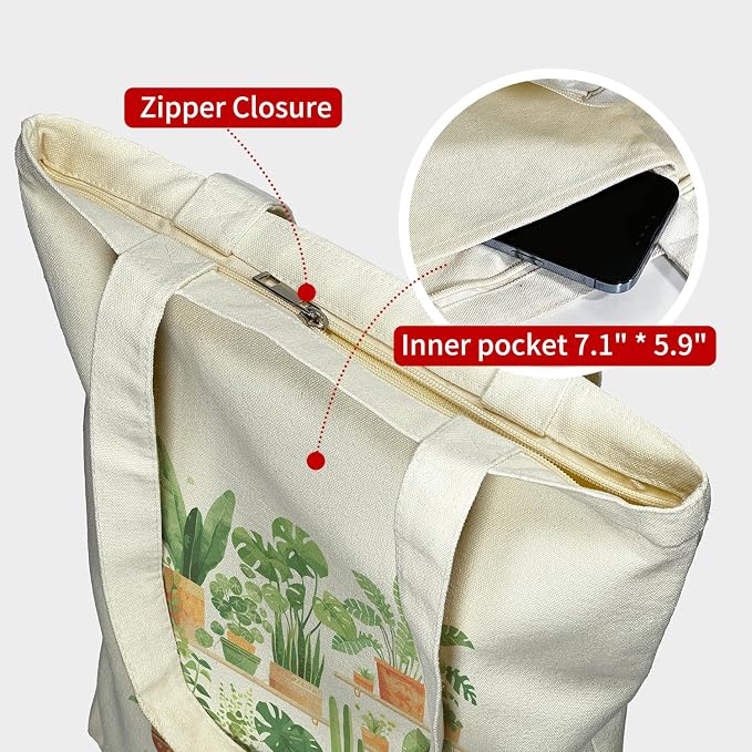 itgowisa Canvas Tote Bag for Women, Tote Bag with Zipper Inner Pocket, Zippered Canvas Bag for Shopping Work Grocery Everyday - Image 4