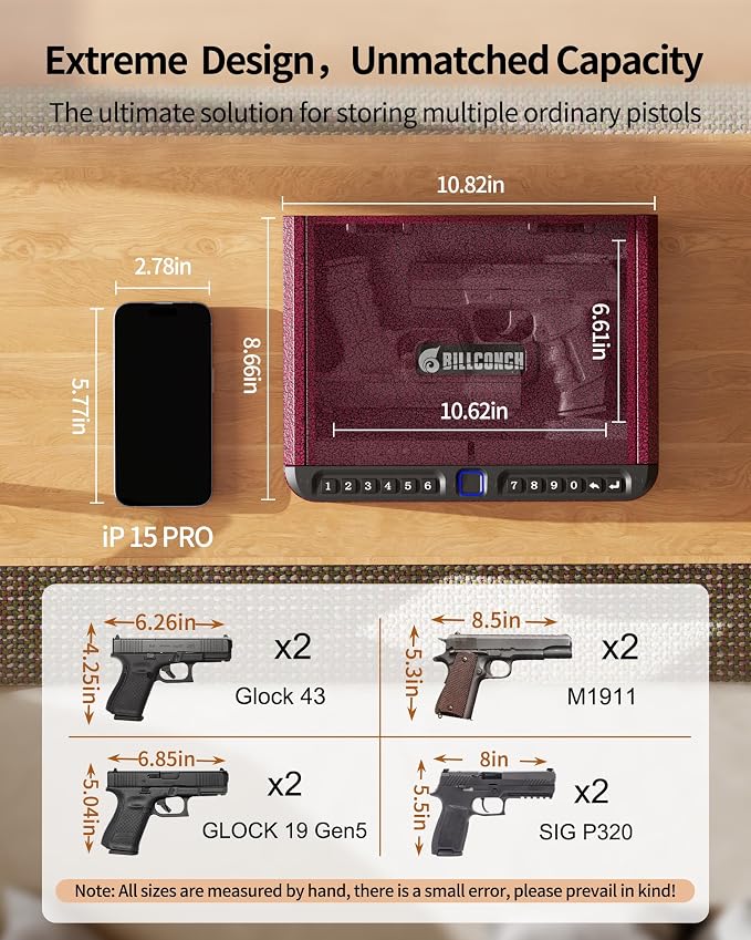 BILLCONCH Smart Gun Safe for Handgun with Fingerprint, App & Security Cable | Biometric Gun Safe 4 Ways Quick Access Built-in LED Light, Ideal Handgun Safe for Nightstand and Home - Burgundy Red - Image 2
