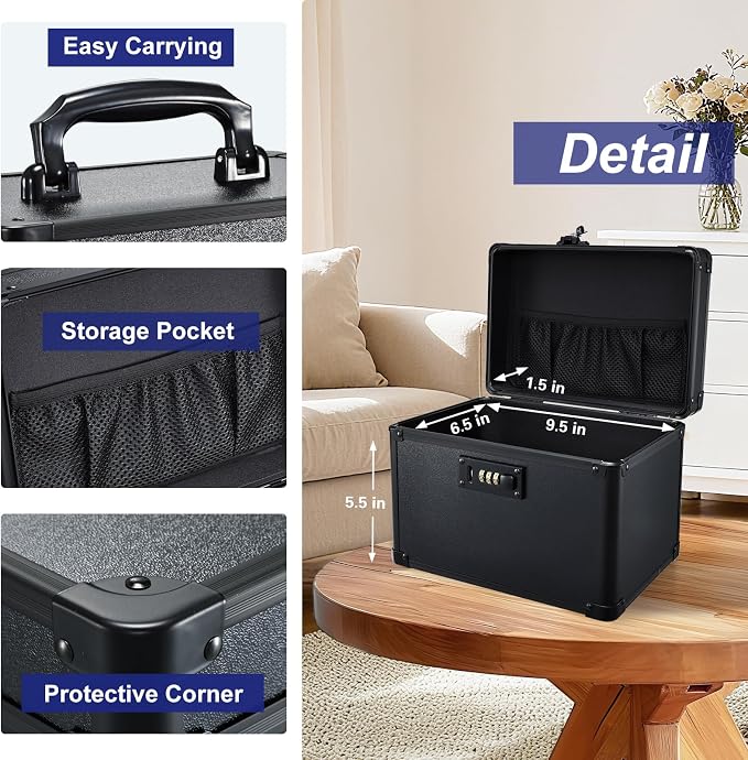Lockable Security Storage Box - Shiny Black Safe Combination Lock Box, Cabinet Med Organizer, 10 x 7 x 7.9 Inches Safe Case for Documents, Valuables, Medicine & Money - Image 5