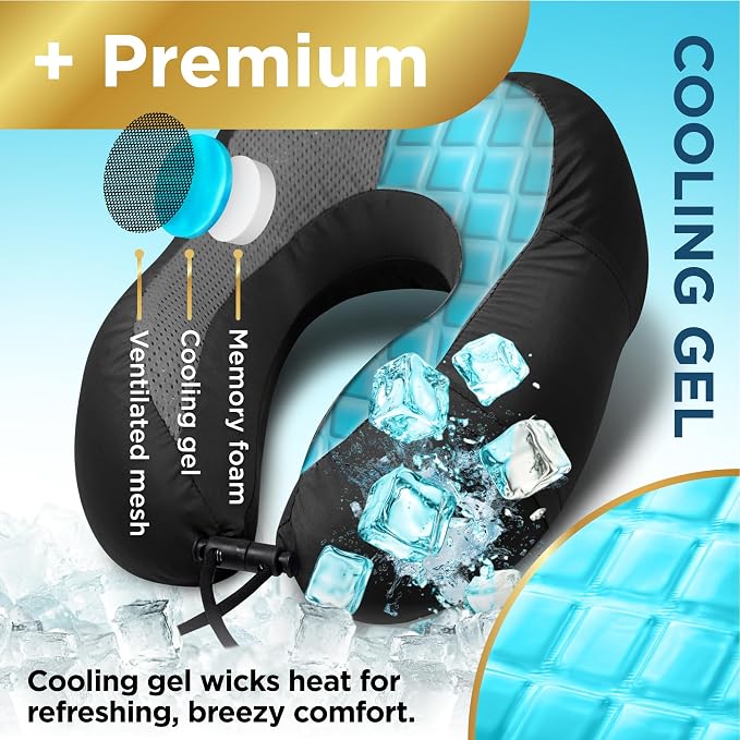 BLACK+DECKER Cooling Gel Memory Foam Neck Pillow – Travel Pillow for Plane, Car & Train – Ergonomic Neck Support, Slow Rebound Memory Foam, Washable Cover, Universal Fit, Black - Image 3