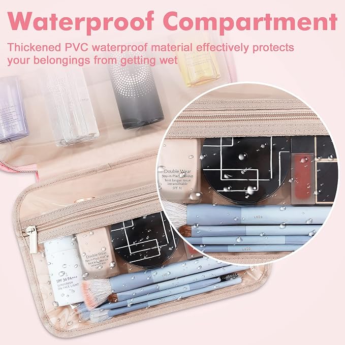 Toiletry Bag for Women, Medium Cosmetic Travel Bag, Hanging Toiletry Bag for Bathroom, Thickened PVC Waterproof Makeup Bag, Toiletries Bag for Travel Business Trips and Camping, Pink - Image 3