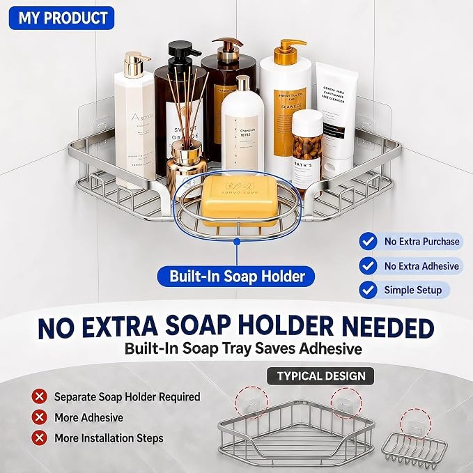 Corner Shower Caddy, Rustproof Shower Organizer with Soap Holder and 8 Hooks, No Drilling Adhesive Shower Shelves for Inside Shower, Large Capacity Shower Rack for Bathroom Shower Storage, Sliver - Image 5