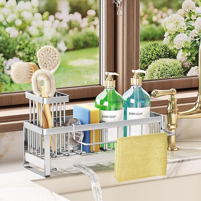 SWTYMIKI Sponge Holder for Kitchen Sink - Sink Caddy with Brush Holder Self-draining Sponge Caddy Organizer with Divider Stainless Steel Kitchen Accessories Storage for Countertop, Silver - Large - Image 9