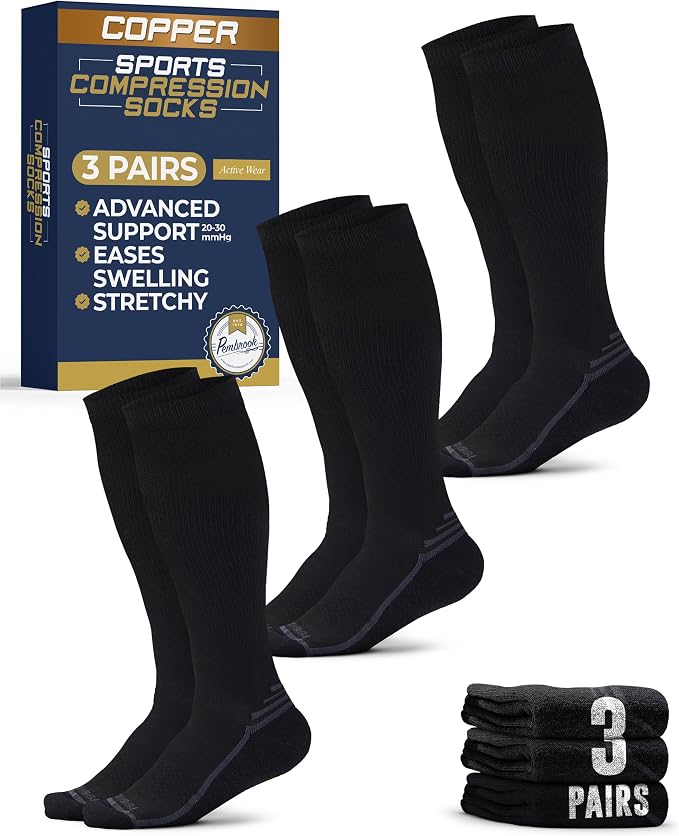 Pembrook 3 Pairs Copper Mens Compression Socks 20-30 mmHg, Running, Hiking, Athletic Cycling, Travel | Circulation Support by Pembrook