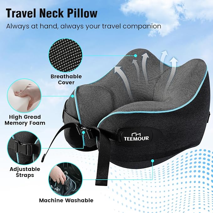 Teemour Neck Pillow for Traveling, Travel Neck Pillow for Airplane Travel Essentials Memory Foam Travel Pillow for Flight with 360° Support Portable, Design for Airplane, Car & Office - Image 8