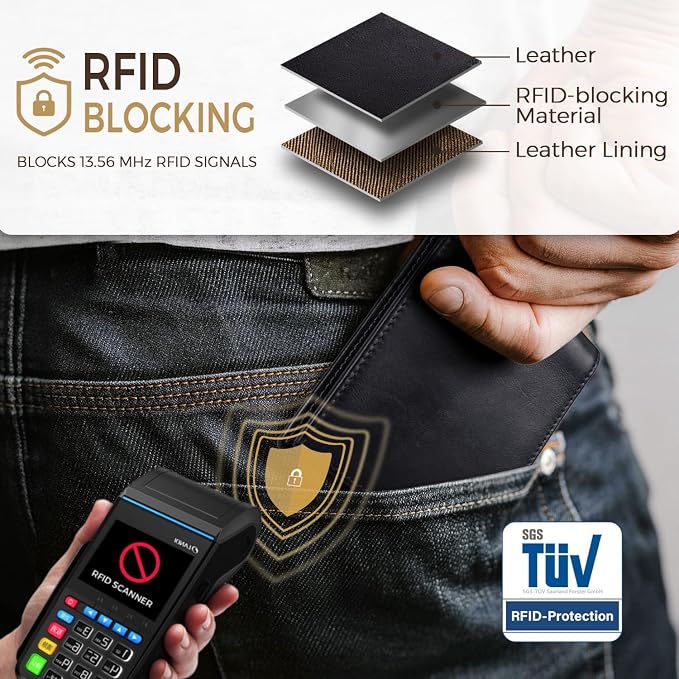 RUNBOX Men's Full Grain Leather Bifold Wallet - Crazy Horse RFID Blocking Slim Wallet with 2 ID Windows, 12 Card Slots & Dual Cash Pockets, Gift for Men - Image 4