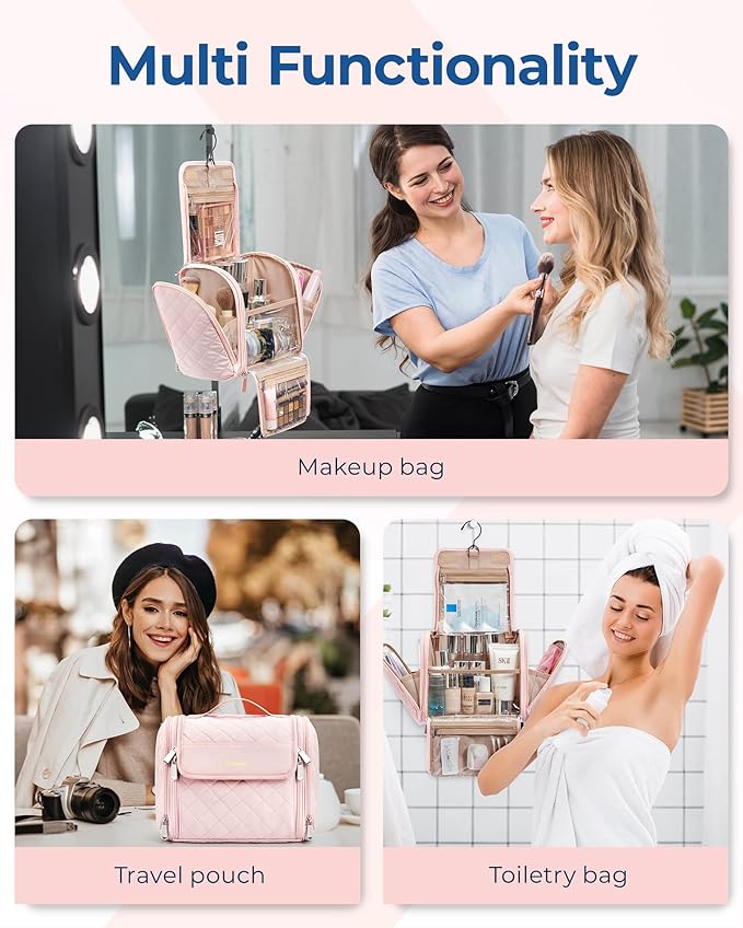 BAGSMART Makeup Bag for Women with Hanging Hook, Large Portable Capacity Water-resistant Organizer Travel Case for Toiletries and Cosmetics, Pink - Image 4