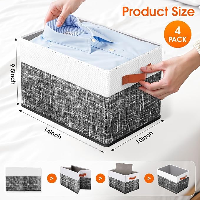Collapsible Storage Baskets for Shelves,14"x10", 4 Pack Foldable Fabric Storage Bins with Double Leather Handles, Large Baskets for Organizing Books, Clothes, White & Black - Image 2