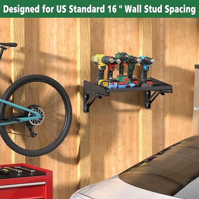 ULIBERMAGNET Garage Folding Storage Rack Shelves,200LB Metal Wall Mounted Adjustable Rail Shelf for Garage,Power Tools,Toolbox,Storage Shelves with Lip for Workshop Kitchen Office (2 Pack) - Image 3