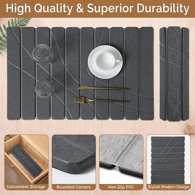 Large Stone Dish Drying Mat for Kitchen Counter,2 PCS Quick Dry Stone Mats,Foldable Water Absorbing Diatomaceous Drying Pad for Countertop Bottles Utensils Cups (Flow Line Dark Gray 24"x16" & 8"x4") - Image 4