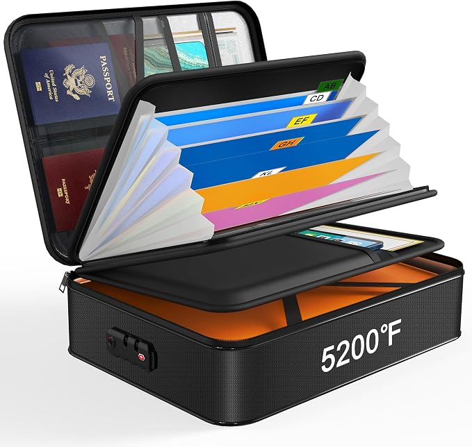 5200℉ Fireproof Document Box with Lock 16.1"x11.4"x4.3" | Portable ,Home ,Travel Water Resistant Document Storage Organizer with for Important Documents and File ,Black by Noiposi