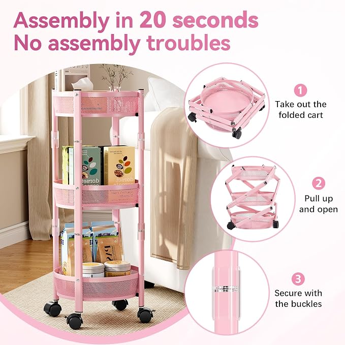 TOOLF 3 Tier Foldable Rolling Cart, Metal Utility Storage Cart, Pink | Assembly-Free, Lockable Wheels, Round Trolley Organizer for Bathroom, Kitchen, Office, Dorm, Laundry, Craft Room - Image 3