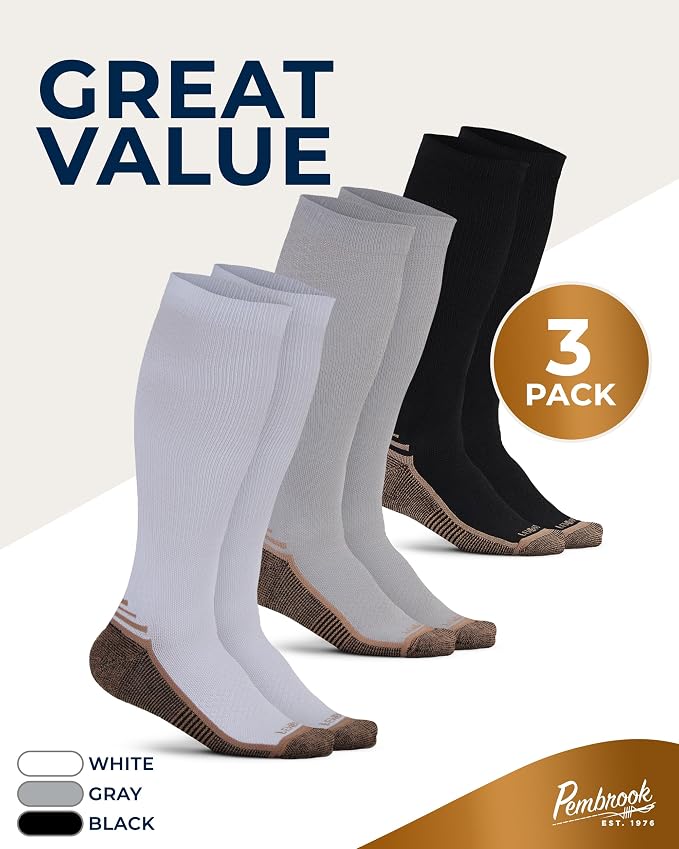 Pembrook 3 Pairs Copper Mens Compression Socks 20-30 mmHg, Running, Hiking, Athletic Cycling, Travel | Circulation Support - Image 5