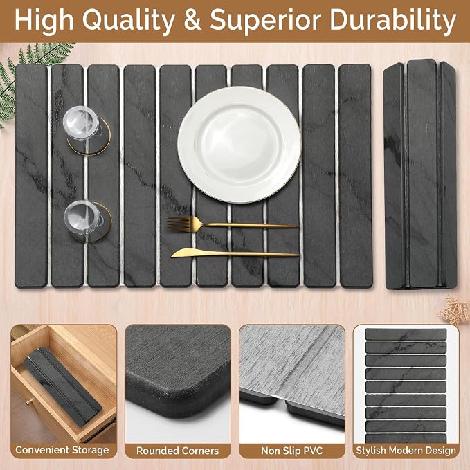 Large Stone Dish Drying Mat for Kitchen Counter, Quick Dry Stone Dishes/Bath Mats,Foldable Water Absorbing Diatomaceous Earth Drying Organizer Pad for Plate Rack Bottles Utensils(Dark Gray 24"×16") - Image 6