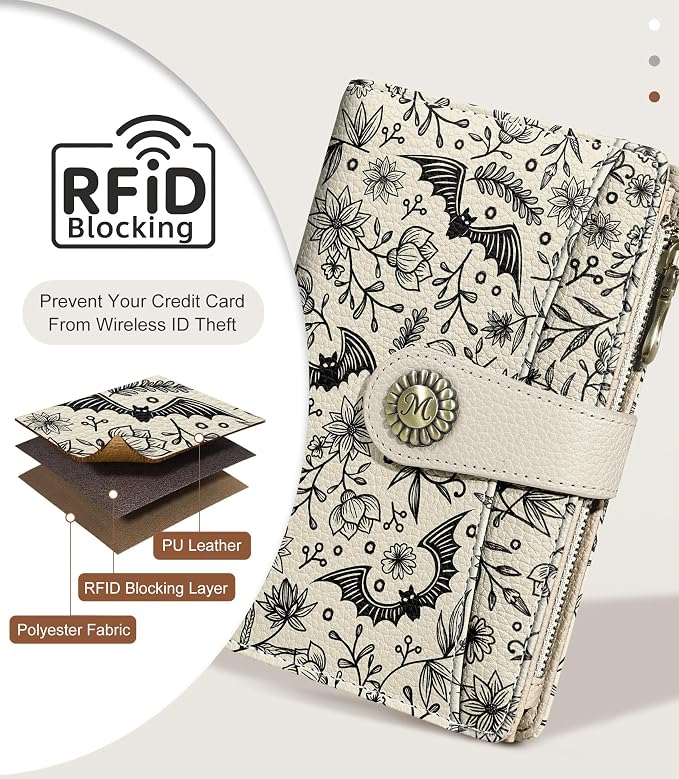 Goth Bat Wallet Women RFID, Passport Holder, Credit Card Holder | 6.7" x 4.4" x 1.3" Bifold, Travel billfold, Zipper Pocket, PU Leather, Clutch, Purse, ID Window, Pen Holder, Gift Ladies Girl - Image 4