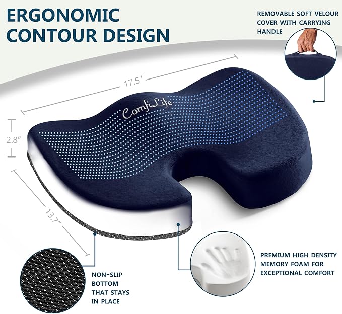 ComfiLife Premium Seat Cushion – 100% Memory Foam Office Chair Cushion, Back Relief (Navy) - Image 3