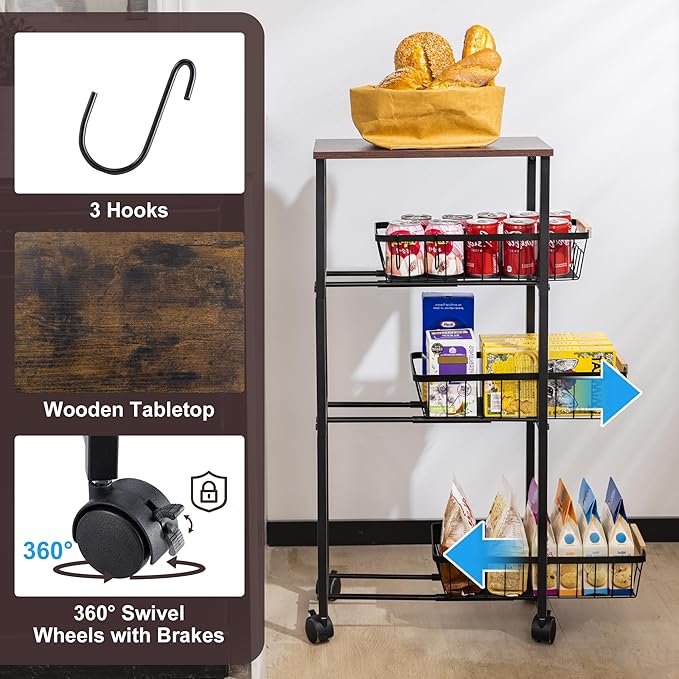 Narrow Rolling Cart with Wheels, 4-Tier Slim Metal Storage Cart with Pull-Out Baskets, 7.87 Inch Width Small Laundry Room Organizer Cart, Space-Saving for Kitchen, Bathroom - Image 5